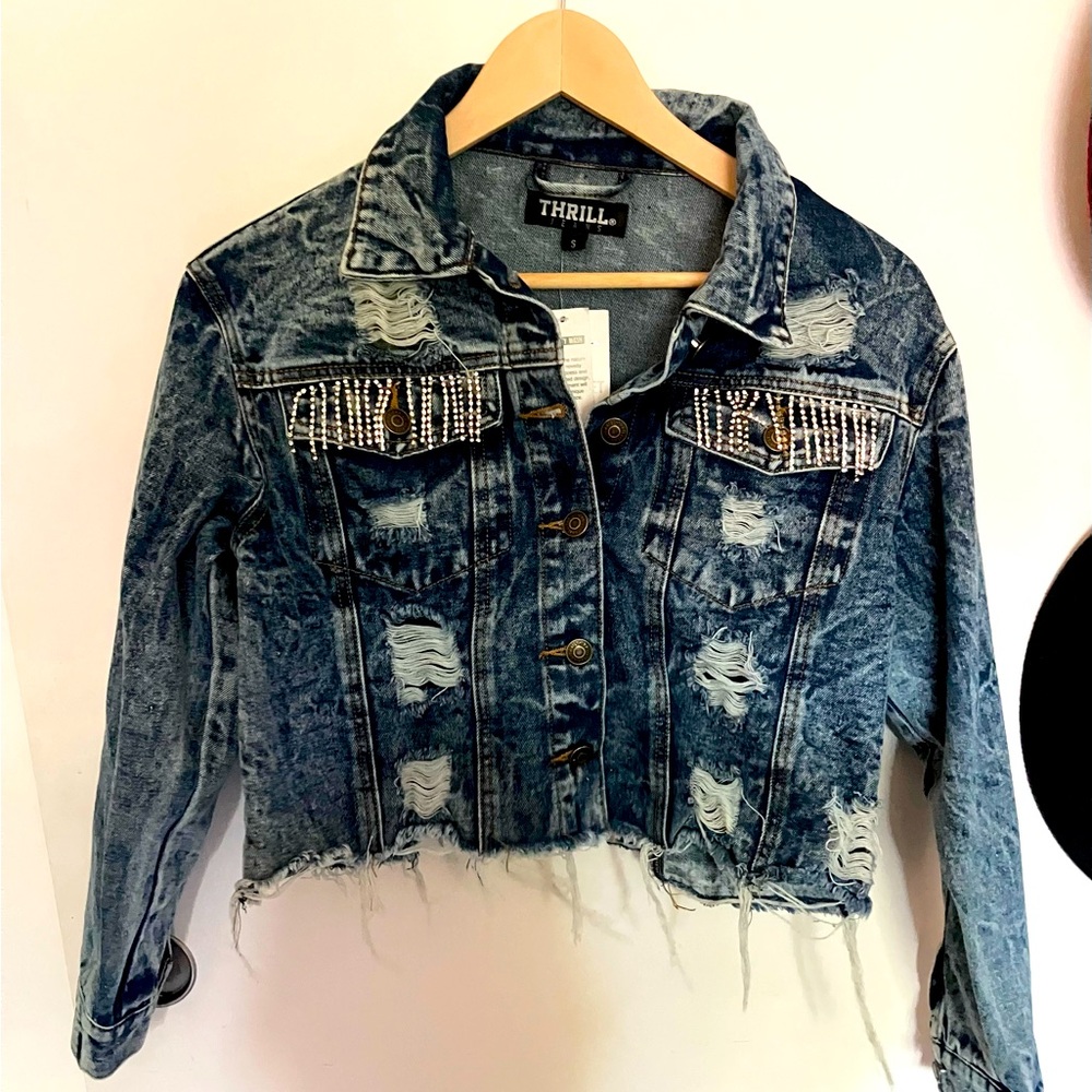 Distressed denim crop jacket